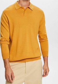 Langärmliges Poloshirt in senfgelb, gestrickte Textur, Kragen mit zwei Knöpfen, gerippte Bündchen und Saum, kombiniert mit hellbeigen Hosen.