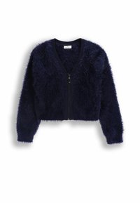 Granatowy, futrzany, krótki kardigan z zamkiem błyskawicznym, ściągaczami na mankietach i dekolcie, wykonany z miękkiej, teksturowanej tkaniny.