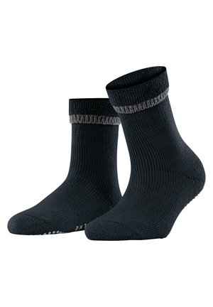 Marineblau gestrickte Socken mit grauen Rippbündchen, die ein strukturiertes Muster aufweisen sowie verstärkte Fußspitzen und Fersenbereiche für Langlebigkeit.