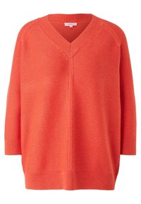Maglione a maglia corallo con scollo a V, caratterizzato da un motivo a strisce testurizzato, maniche a tre quarti e una vestibilità comoda.