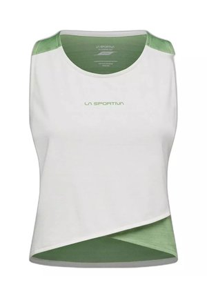 Top deportivo sin mangas blanco y verde claro con cuello redondo, bajo asimétrico y logo "LA SPORTIVA" en el pecho.