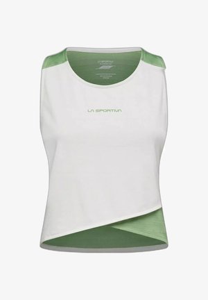 Top deportivo sin mangas blanco y verde claro con cuello redondo, bajo asimétrico y logo "LA SPORTIVA" en el pecho.