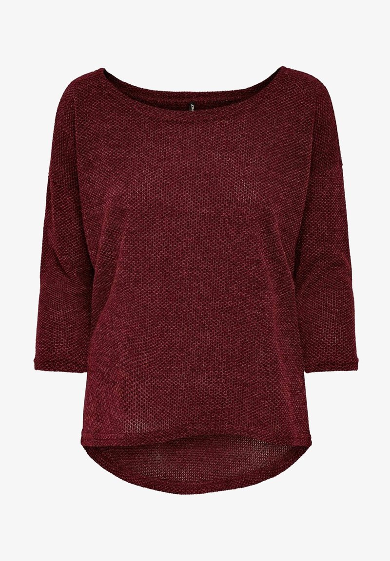 Burgundowy sweter z szerokim dekoltem i rękawami do łokcia, o fakturowanej powierzchni i zaokrąglonym brzegu.