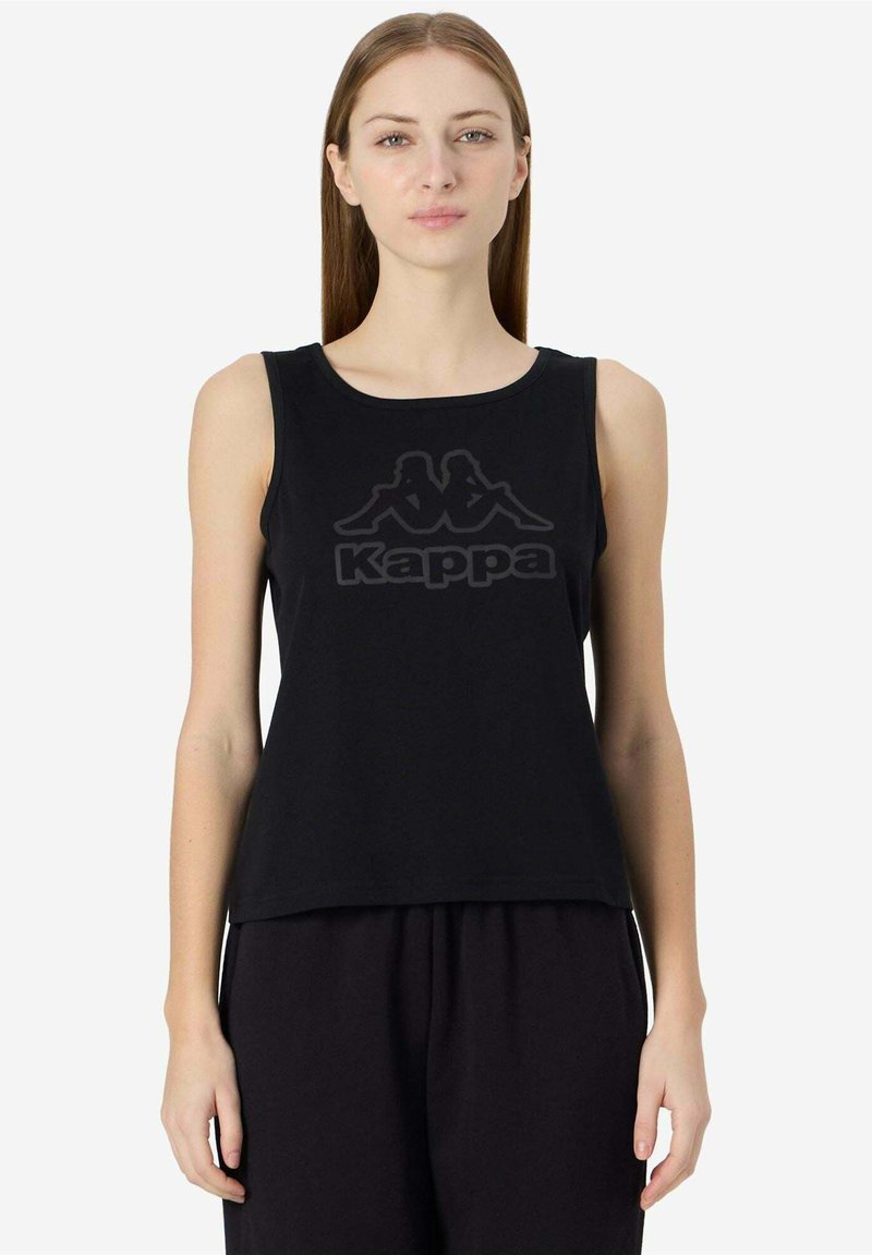 Canotta nera senza maniche in cotone con logo Kappa in una tonalità più scura, collo rotondo e vestibilità morbida.