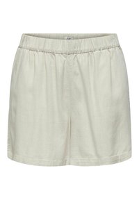 Beige linnen shorts met een zachte textuur, voorzien van een elastische tailleband en een ontspannen pasvorm. Gladde zoom zonder zakken of versieringen.