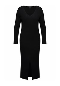 Schwarzes geripptes Kleid mit V-Ausschnitt, langen Ärmeln und einem hohen Schlitz vorne. Das Kleid hat eine figurbetonte Silhouette und einen strukturierten Stoff.