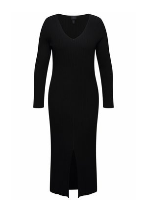 Vestido negro acanalado con escote en V, mangas largas y una abertura en el muslo en la parte delantera. Presenta una silueta ajustada y una tela texturizada.