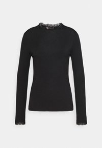 Svart långärmad topp med en figurnära passform, prydd med spetsdetaljer längs halsringningen och ärmsluten. Tillverkad av mjukt, stretchigt tyg.