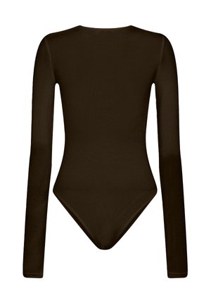 Body ajusté à manches longues de couleur marron foncé, avec un col rond et des ouvertures de jambe hautes, présenté à plat sur un fond blanc.