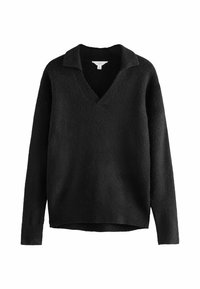 Maglione nero lavorato a maglia con scollatura a V e colletto. Presenta maniche lunghe, una vestibilità rilassata e polsini e orlo a coste. Tessuto morbido.