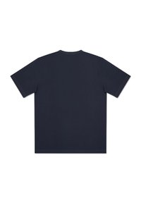 Granatowa koszulka z krótkim rękawem, z okrągłym dekoltem i prostym dołem. Materiał wydaje się gładki i miękki z minimalnymi detalami.