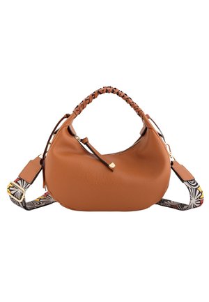 Braune Lederhandtasche mit runder Form. Verfügt über einen geflochtenen Griff und einen gemusterten Schultergurt mit goldenen Hardware-Akzenten.