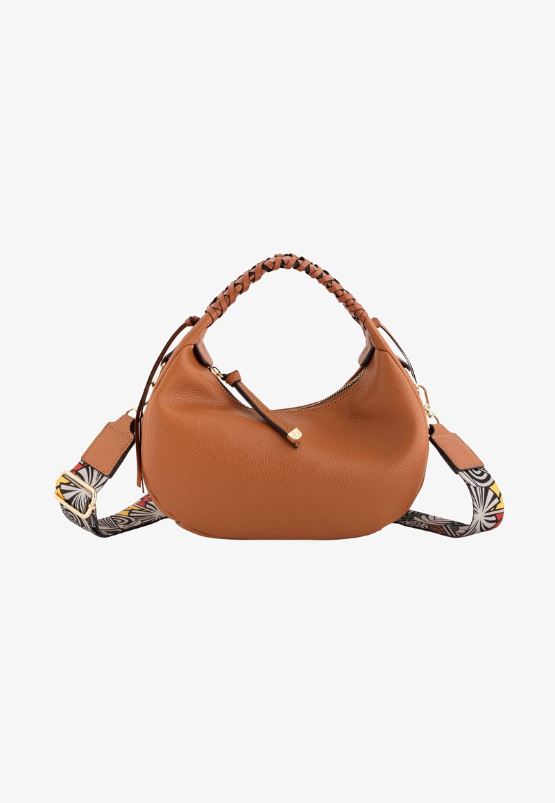 Brown leather handbag with a rounded shape. Features a braided handle and a patterned shoulder strap with gold hardware accents.