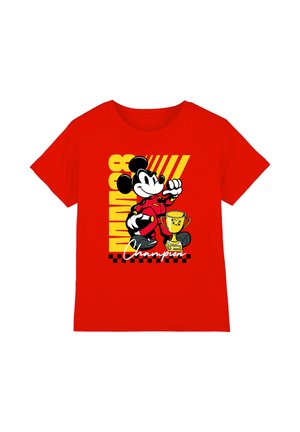 Red T-shirt featuring Mickey Mouse in a racing suit holding a helmet with a gold trophy and the text "Champion".