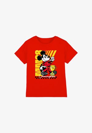 Red T-shirt featuring Mickey Mouse in a racing suit holding a helmet with a gold trophy and the text "Champion".