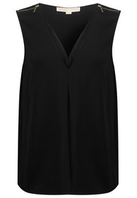Blouse noire sans manches avec col en V et détails de fermeture éclair dorés sur les épaules, tissu lisse avec coupe ample.