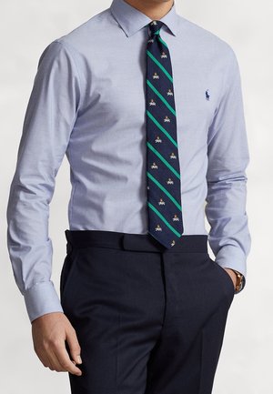 Uomo che indossa una camicia azzurro chiaro, cravatta blu navy con strisce verdi e motivi di leone, e pantaloni blu scuro con una mano in tasca.