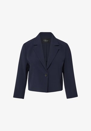 Blazer court bleu marine à manches longues, fermeture par un bouton noir, et revers crantés.