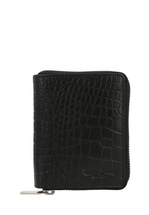 Black leather wallet featuring a textured crocodile pattern, zip closure, and a silver hardware accent on the side.