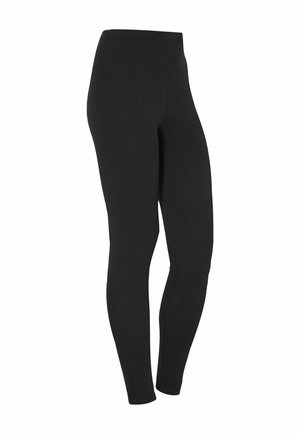 Black high-waist full-length leggings with a smooth, stretchy fabric for a snug fit.