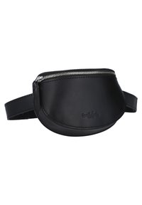 Czarna skórzana saszetka na biodra o gładkiej teksturze, owalnym kształcie, ze srebrnym zapięciem na zamek i wytłoczonym logo z przodu. Regulowany pasek.