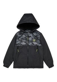 Černá kapucová bunda s šedým maskáčovým horním dílem, přední zip, dvě kapsy se zipem a žluté logo značky na hrudi a zipu.