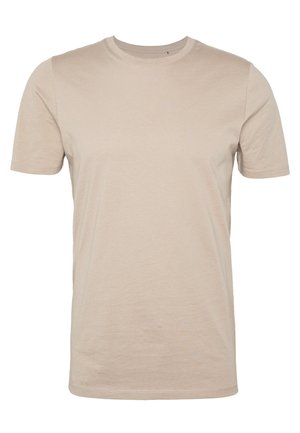 Beige cotton t-shirt, short sleeves, round neck, smooth texture, seamless design, lightweight fabric, no visible logos or patterns.