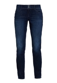 Mörkblå denimjeans med slim fit, två knappstängning, fem fickor och subtil slitning framtill för ökad textur.