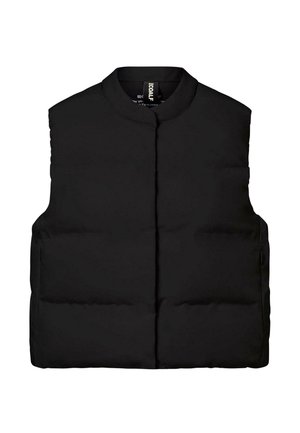 Sort ærmeløs puffervest med rund halsudskæring, vandret quiltet design og lukning med frontplacket. Letvægtsmateriale som er varmt.