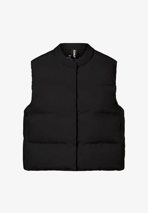 Schwarze ärmellose Steppweste mit Rundhalsausschnitt, horizontalem Steppmuster und einer Knopfleiste auf der Vorderseite. Leichtes und warmes Material.