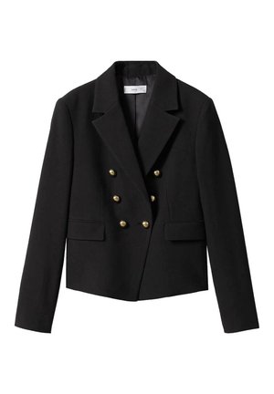 Sort dobbeltradet blazer med gyldne knapper, revers med hak, lange ærmer og to forlommer med klap.