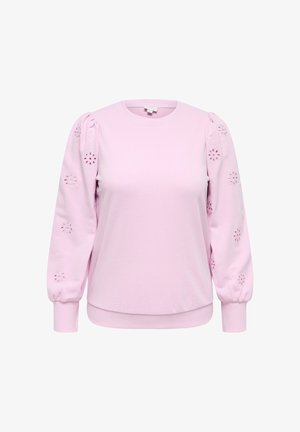 Šviesiai rožinis džemperis su apvalia iškirpte, pūstomis rankovėmis su gėlių išpjovų detalėmis ir ribinėmis rankogaliais bei apačia. Minkšta tekstūra.