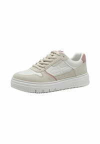 Sneakers z białą gumową podeszwą, kremową zamszową cholewką i jasnoróżowymi akcentami. Posiada perforowane palce i wiązanie na sznurówki.