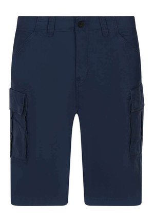 Shorts cargo bleu marine en tissu lisse, dotés de deux poches latérales, de deux poches cargo et d'une fermeture à bouton à la taille.