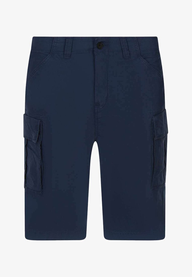 Shorts cargo bleu marine en tissu lisse, dotés de deux poches latérales, de deux poches cargo et d'une fermeture à bouton à la taille.