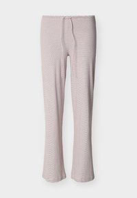 Φαρδύ ροζ και λευκό παντελόνι με στενές ρίγες και κορδόνι στη μέση, ίσια γραμμή, σε απλό φόντο.