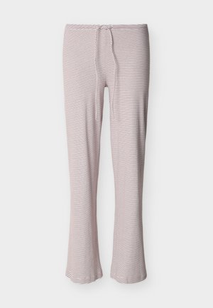 Ohlapne hlače s svetlo roza in belimi ozkimi črtami, s pasom na vrvico, ravnim krojem, prikazane na enobarvnem ozadju.