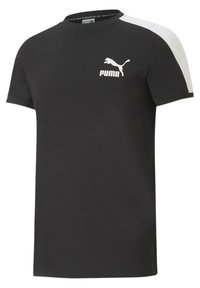 Black Puma t-shirt with white logo on the chest and white panels on the shoulders and sleeves, short-sleeved, crew neck.