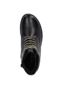 Stivale alla caviglia in pelle nera con punta tonda, design con lacci e chiusura con zip. Presenta lacci grigi e una finitura liscia e lucida.