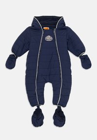 Marinblått vadderat babyoverall med huva, fastsydda vantar och stövlar, framdragkedjor och Timberland-logotyp på bröstet.