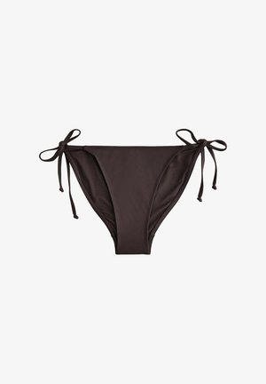 Bas de bikini marron foncé avec liens sur les côtés sur fond blanc.