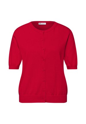 Cardigan rouge à manches courtes avec boutons, encolure ronde et poignets et ourlet côtelés, présenté sur fond blanc.