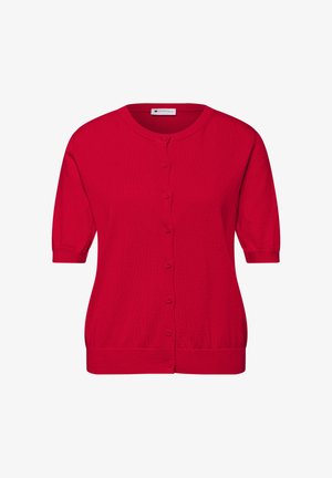 Rote, kurzärmelige Strickjacke mit Knopfleiste, rundem Halsausschnitt sowie gerippten Bündchen und Saum, dargestellt vor weißem Hintergrund.