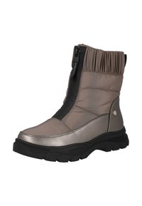 Bota metálica gris resistente al agua con un diseño acolchado, cremallera negra y suela texturizada negra. Presenta tela recogida en la parte superior.