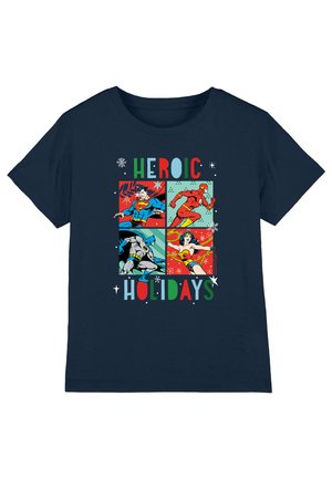 Navy cotton t-shirt with comic-style graphic featuring Superman, Flash, Batman, and Wonder Woman, text "HEROIC HOLIDAYS" in colorful letters.