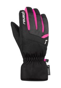 Schwarzer Skihandschuh mit rosa Akzenten, wasserdichtem Material, gerafftem Handgelenk für perfekten Sitz und strukturiertem Handflächenbereich für besseren Grip. Markenlogo angezeigt.