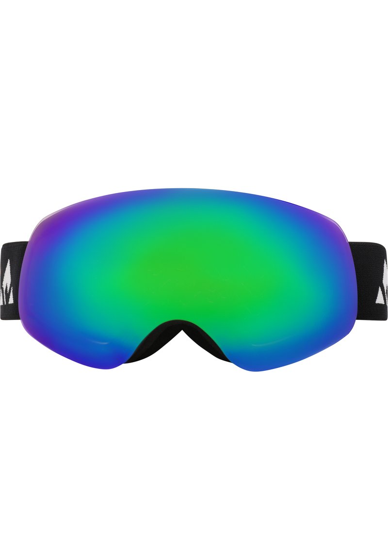 Hiihtolasit, joissa on suuri, kaareva, heijastava linssi, joka näyttää vihreästä purppuraan liukuvärityksen, sekä musta pehmeä hihna, jossa on valkoisia yksityiskohtia.