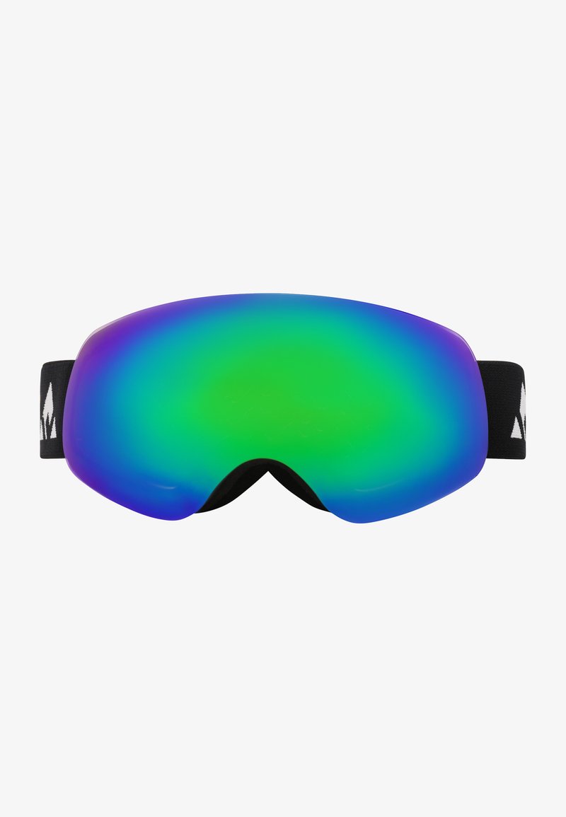 Hiihtolasit, joissa on suuri, kaareva, heijastava linssi, joka näyttää vihreästä purppuraan liukuvärityksen, sekä musta pehmeä hihna, jossa on valkoisia yksityiskohtia.