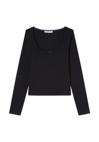 Czarny długi rękaw koszula z kwadratowym dekoltem, ozdobiona falbaniastymi brzegami i małą kokardką na środku. Miękka tekstura materiału.