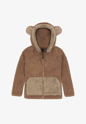 Braune Fleecejacke mit Reißverschluss vorne, Bärenohren an der Kapuze und einer helleren beige Farbe in der Tasche. Weicher, strukturierten Stoff mit kontrastierenden Farben.